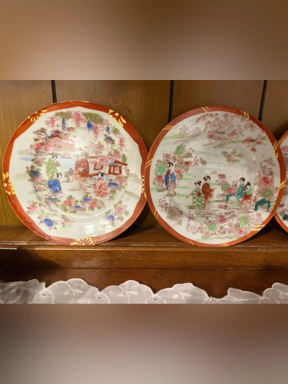 Vintage Hand-Painted Chinese Red-Trim Porcelain Set
